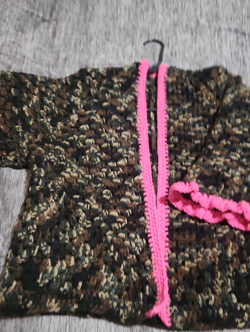 Women’s Multicolor Camo Crochet Jacket with Pink Trim